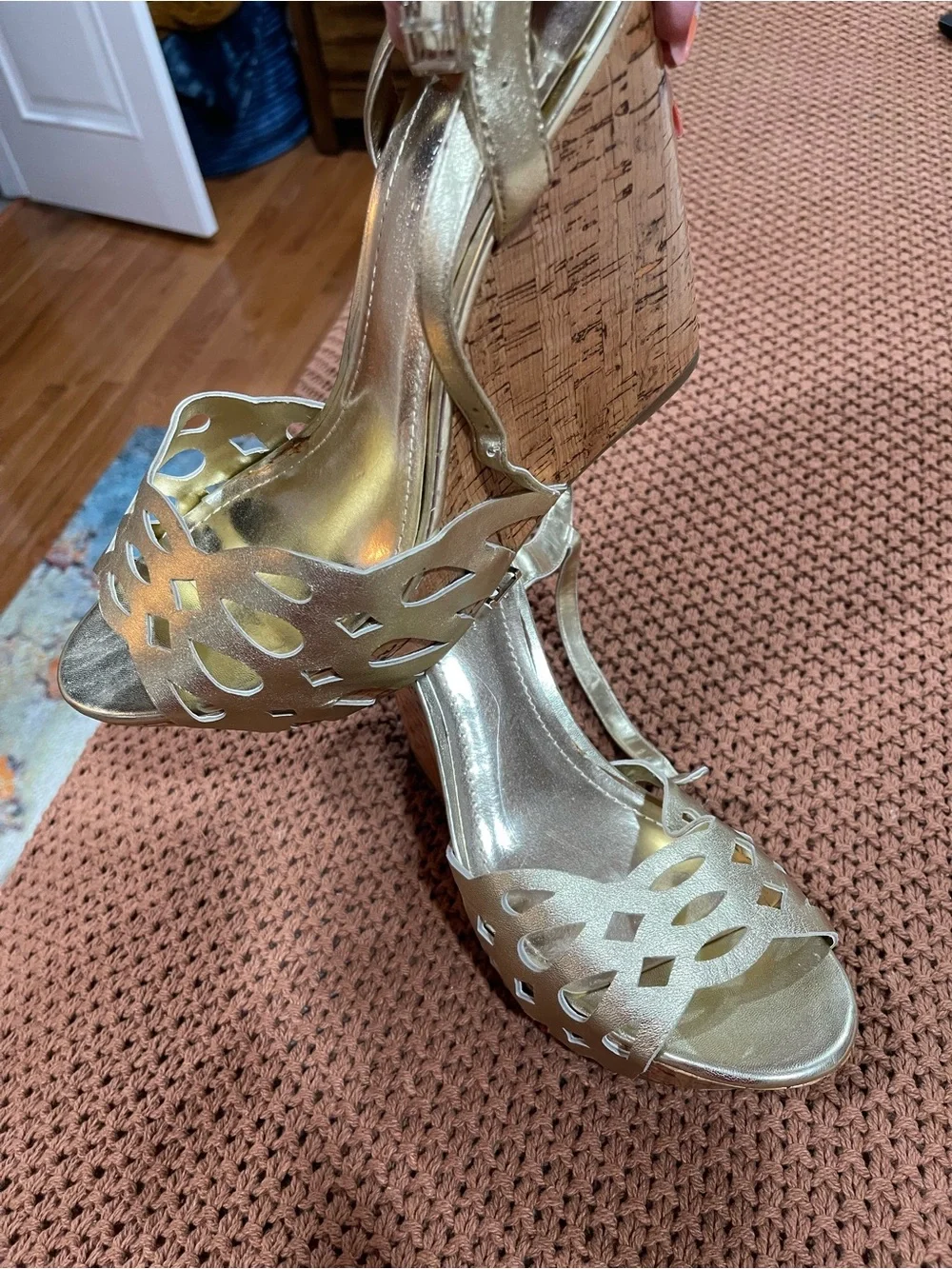 BCBG Metallic Gold Cutout Cork Wedge Sandals